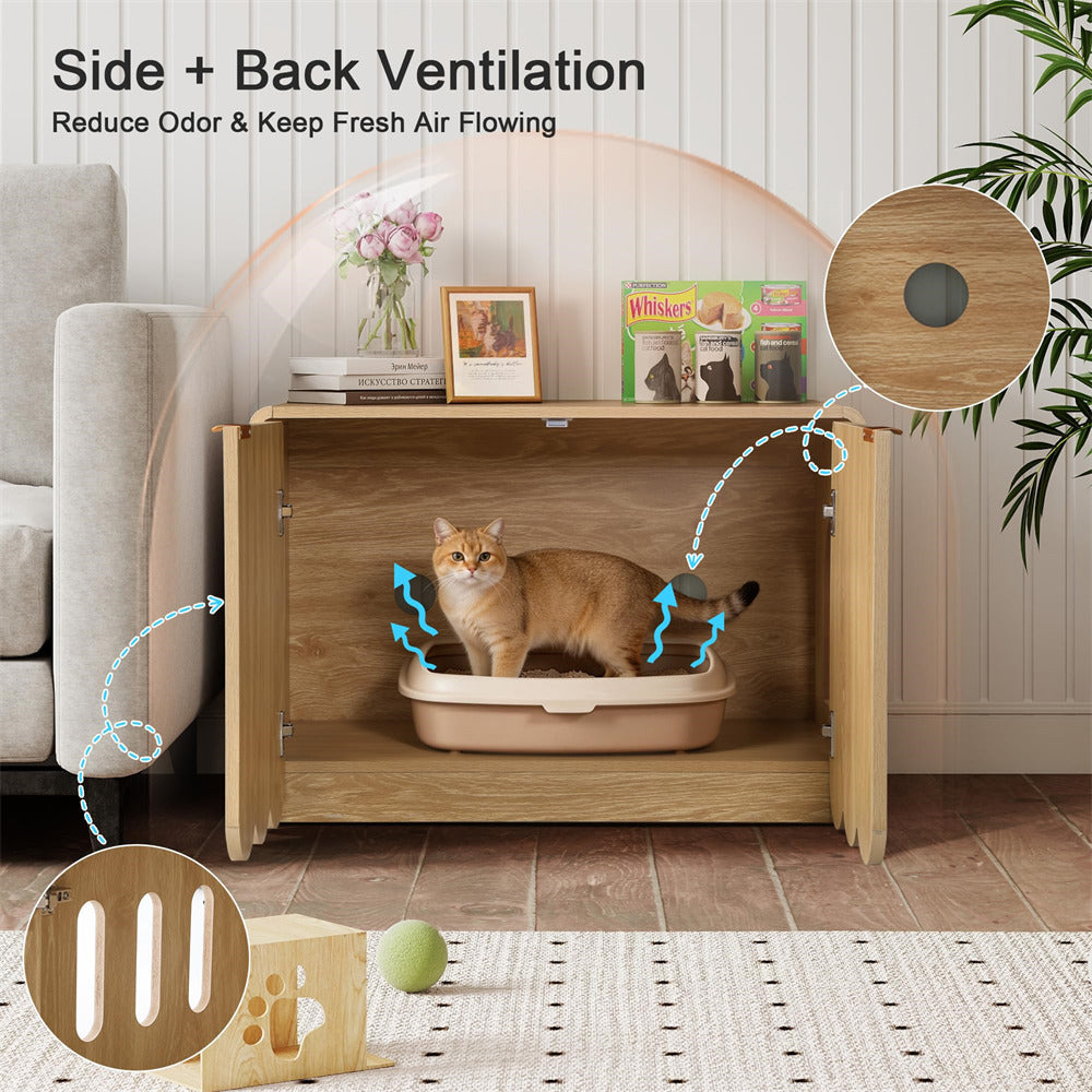 Natural Modern Hidden Cat Litter Box Cabinet Cat House with Scalloped Doors and Gold Handle