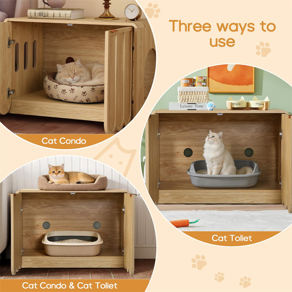 Natural Modern Hidden Cat Litter Box Cabinet Cat House with Scalloped Doors and Gold Handle