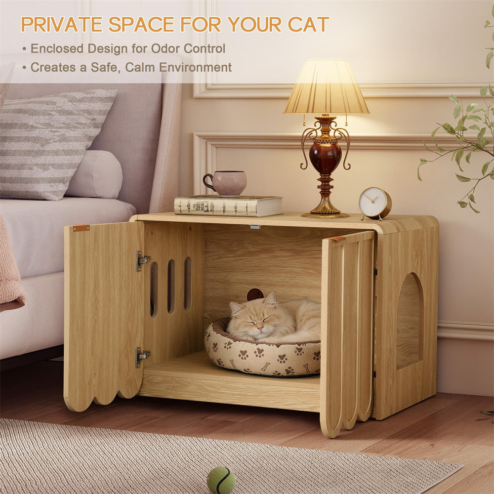 Natural Modern Hidden Cat Litter Box Cabinet Cat House with Scalloped Doors and Gold Handle