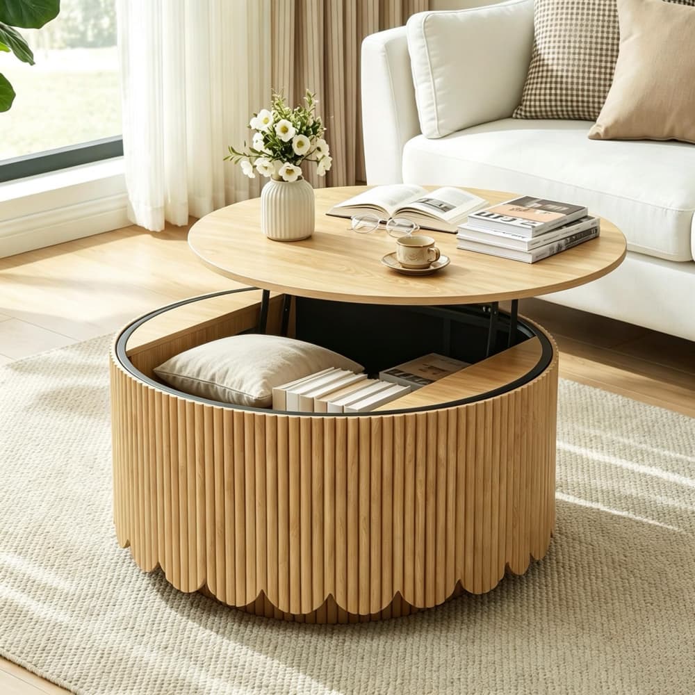 Natural Modern Scalloped Fluted Round Lift Top Wood Coffee Table with Storage