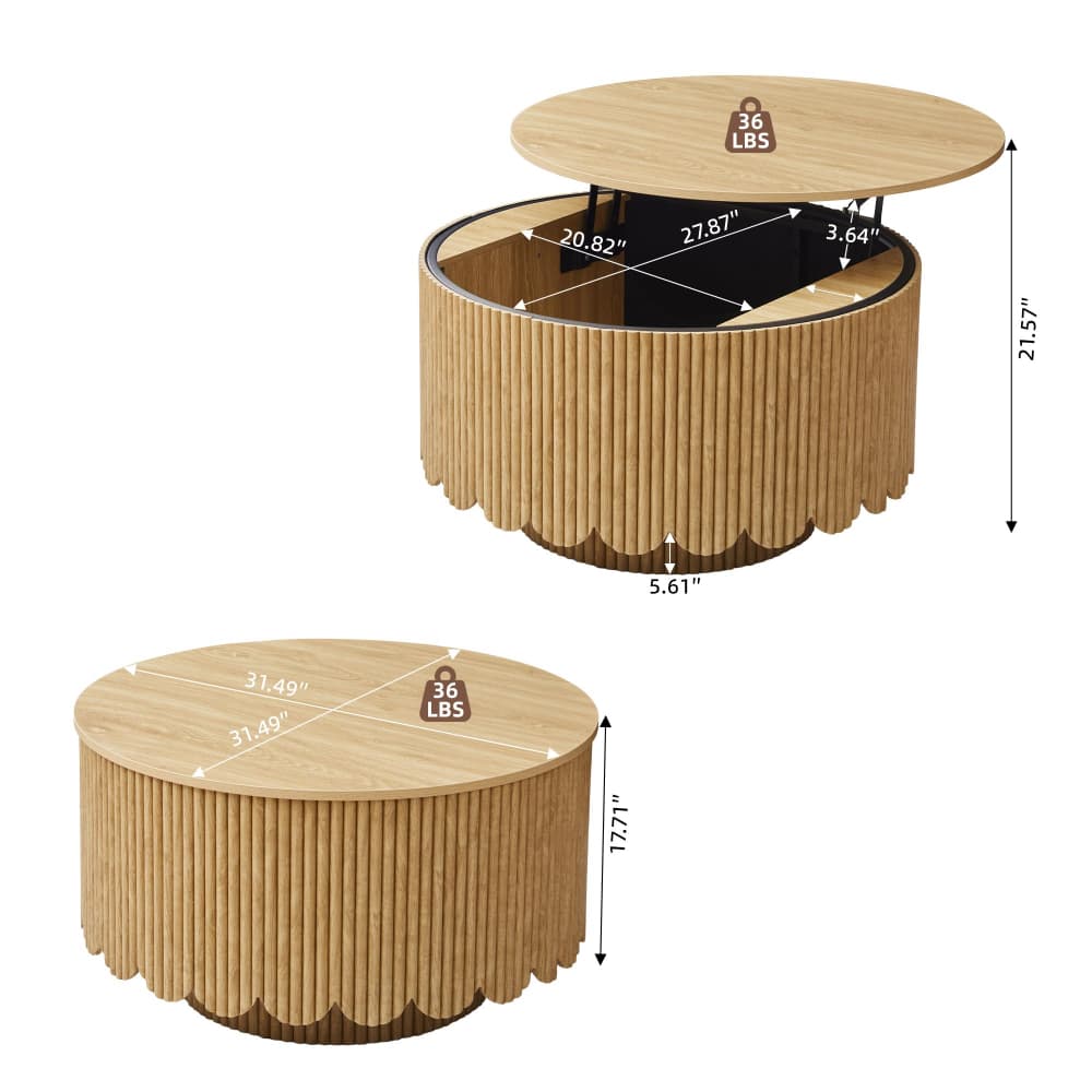 A round lift-top storage coffee table shown in two views on a white background: one closed and one open, with dimension lines and labels indicating width, depth, and height. The table has a light natural wood fluted exterior, a black interior base, and a small hanging weight graphic labeled 36 LBS on the top.