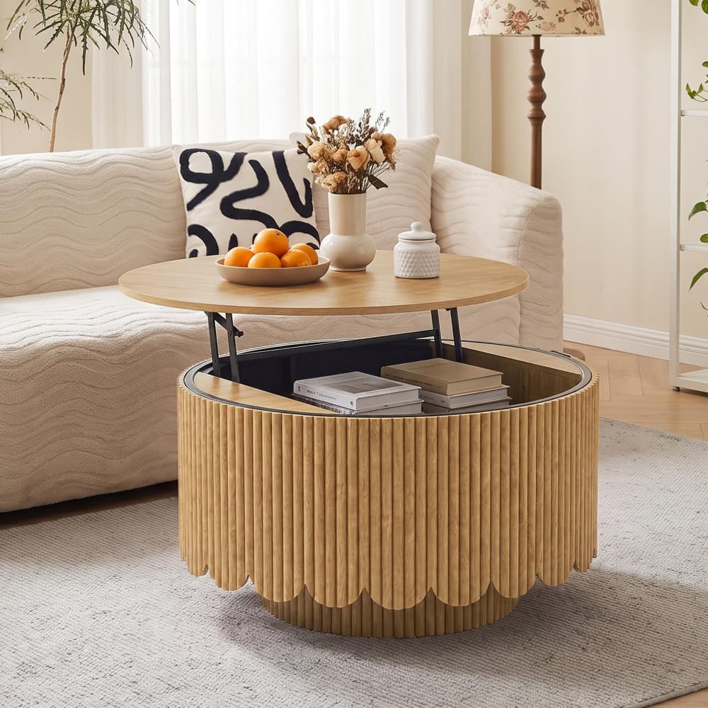 Natural Modern Scalloped Fluted Round Lift Top Wood Coffee Table with Storage