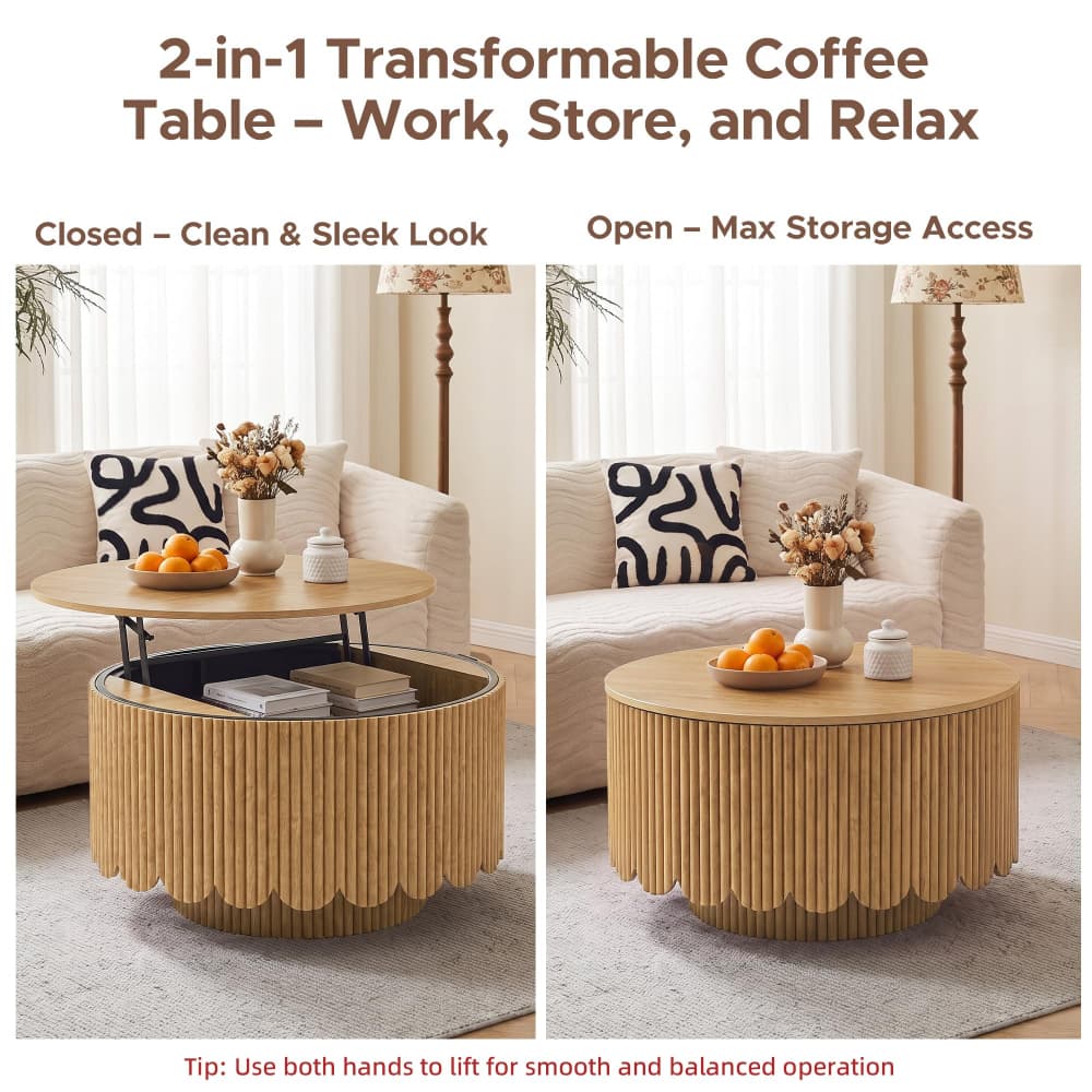 A side-by-side comparison showing a 2-in-1 transformable coffee table in closed and open positions, set in a bright living room with a sofa, pillows, fruit bowl, and vase. Text at the top explains the closed and open states, and a tip appears at the bottom.