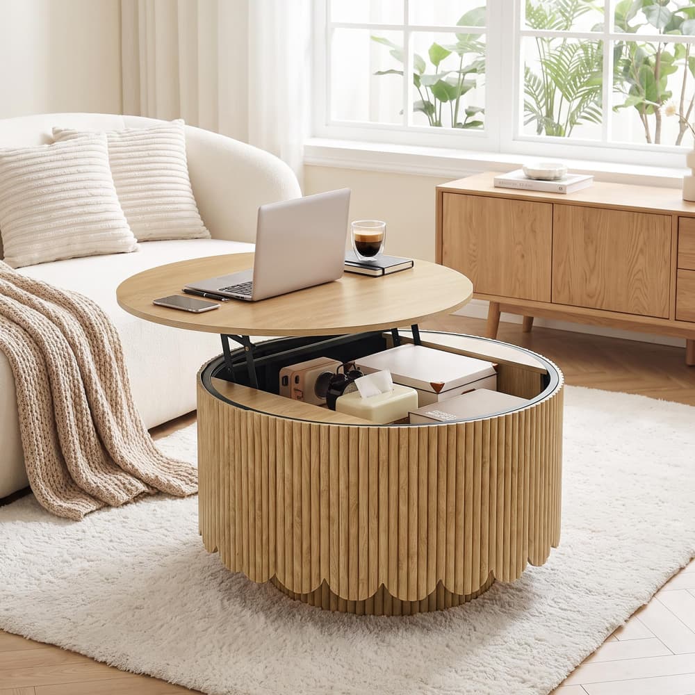 Natural Modern Scalloped Fluted Round Lift Top Wood Coffee Table with Storage