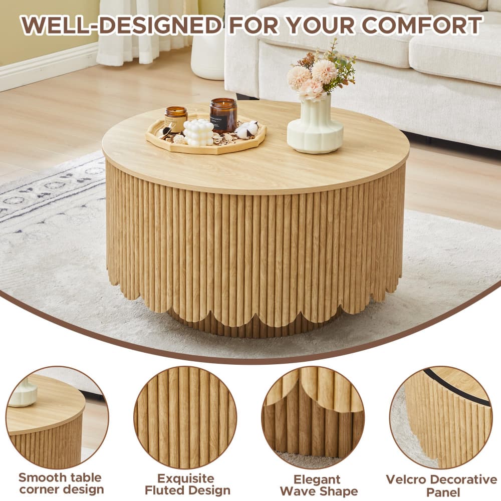 A round light wood coffee table with a fluted slatted base and a scalloped front edge, shown in a living room setting with a sofa and rug. The image includes the text 'WELL-DESIGNED FOR YOUR COMFORT' at the top and four circular detail insets at the bottom highlighting the smooth corner design, fluted texture, elegant wave shape, and velcro decorative panel.