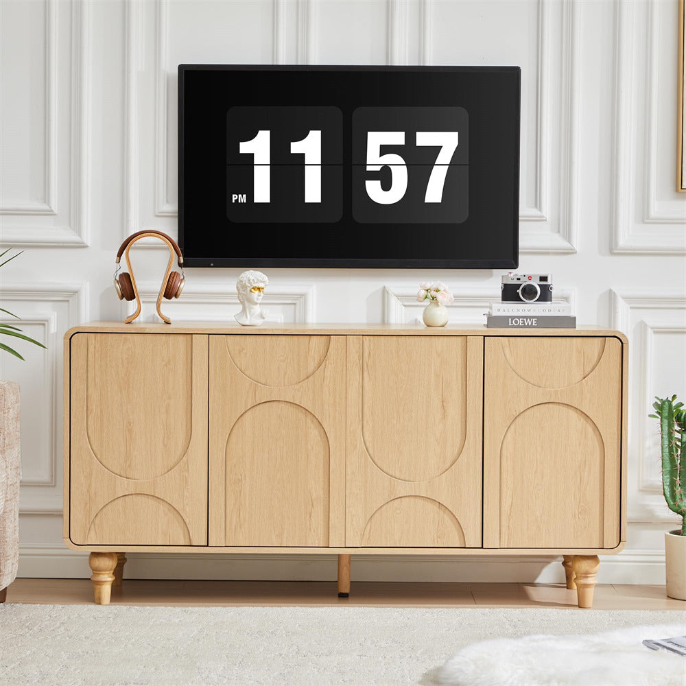 Wooden sideboard with decorative items and a digital clock on a wall.