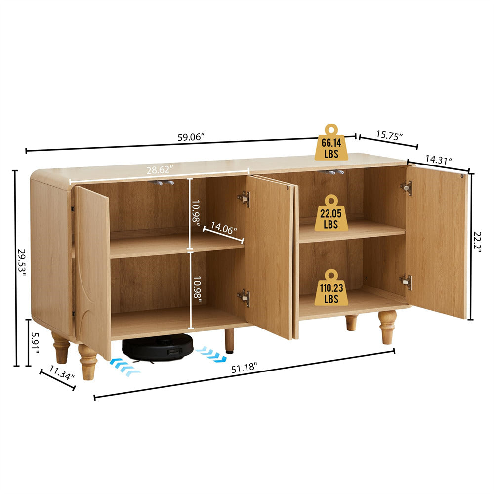 Wooden cabinet with open doors showing measurements and weight indicators on a white background