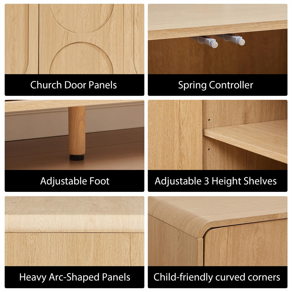 Collage of wooden furniture features including church door panels, spring controller, adjustable foot, adjustable shelves, heavy arc-shaped panels, and child-friendly curved corners.