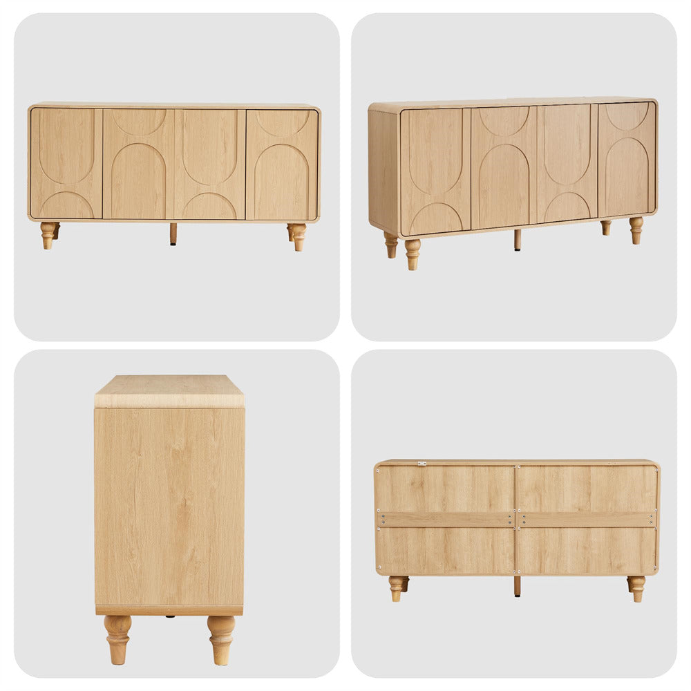 Four different views of a wooden sideboard with geometric design on a white background