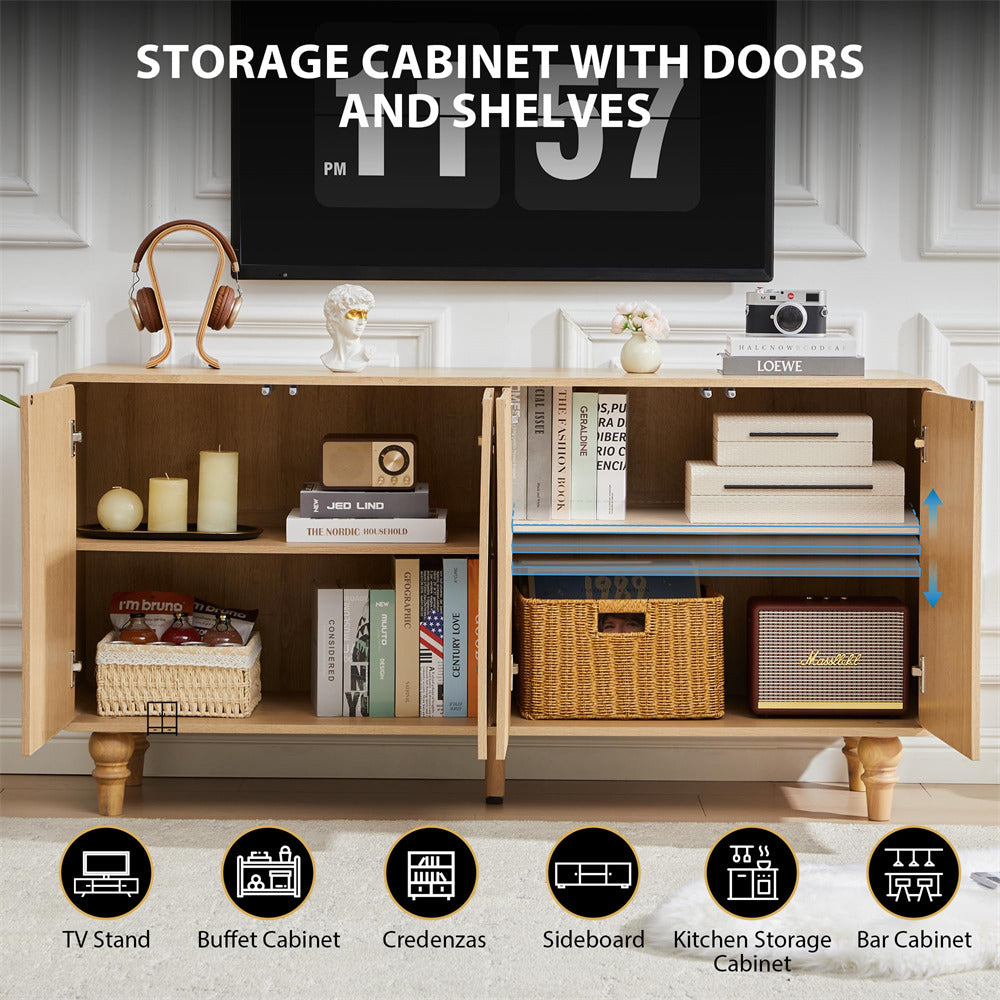 Wooden storage cabinet with doors and shelves in a room setting.