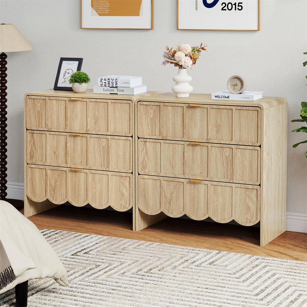 Wooden sideboard with decorative items in a living room setting