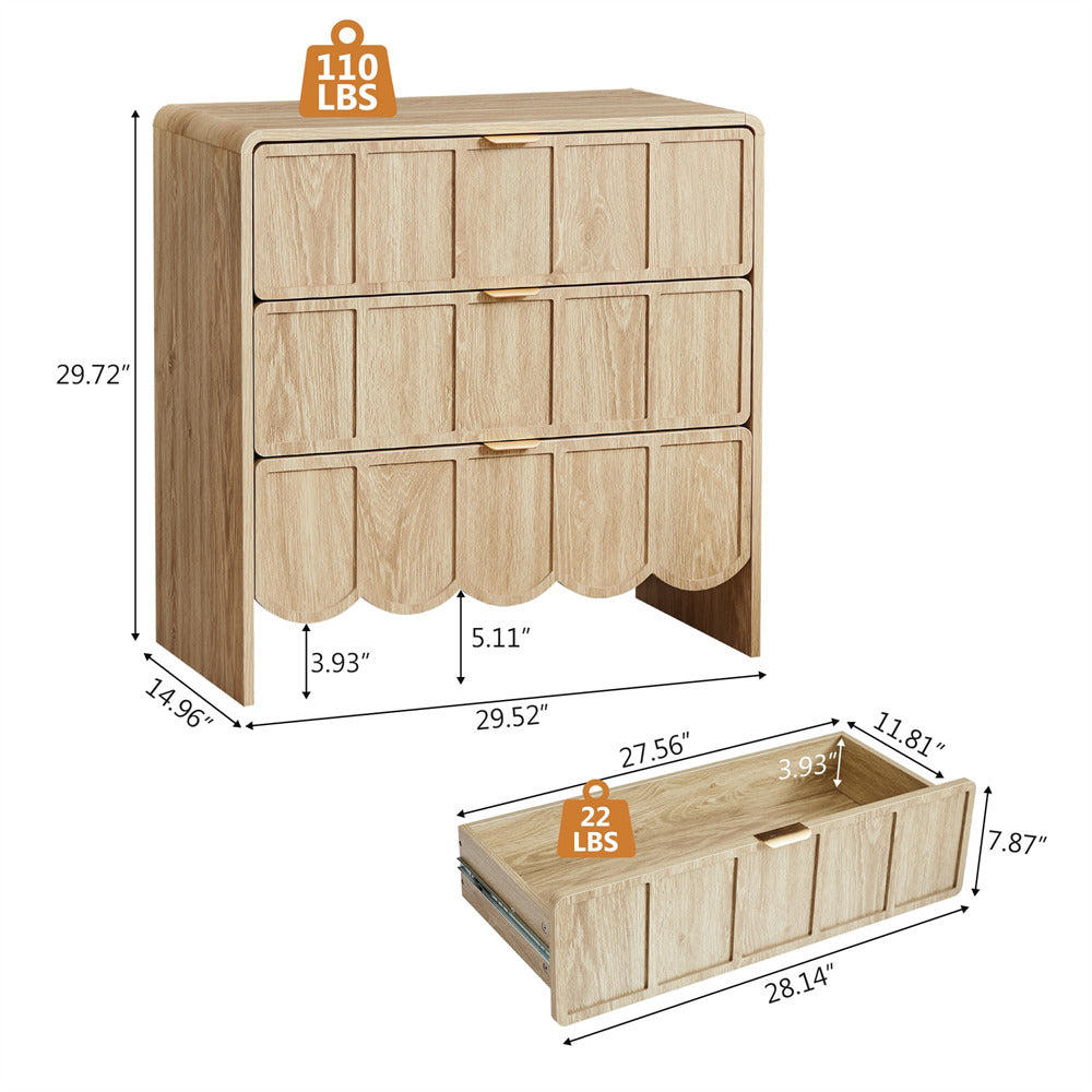 Wooden dresser with dimensions and weight capacity indicators on a white background