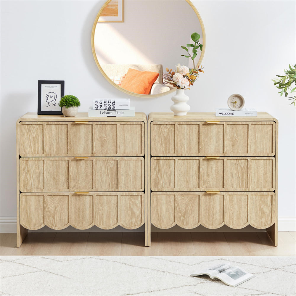 Modern Wood 3 Drawer Dresser Storage Cabinet with Wave Fluted Drawer