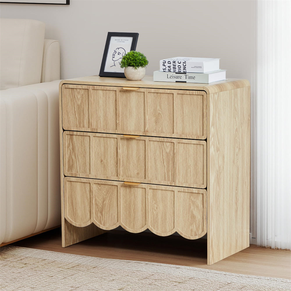 Wooden side table with decorative items in a living room setting