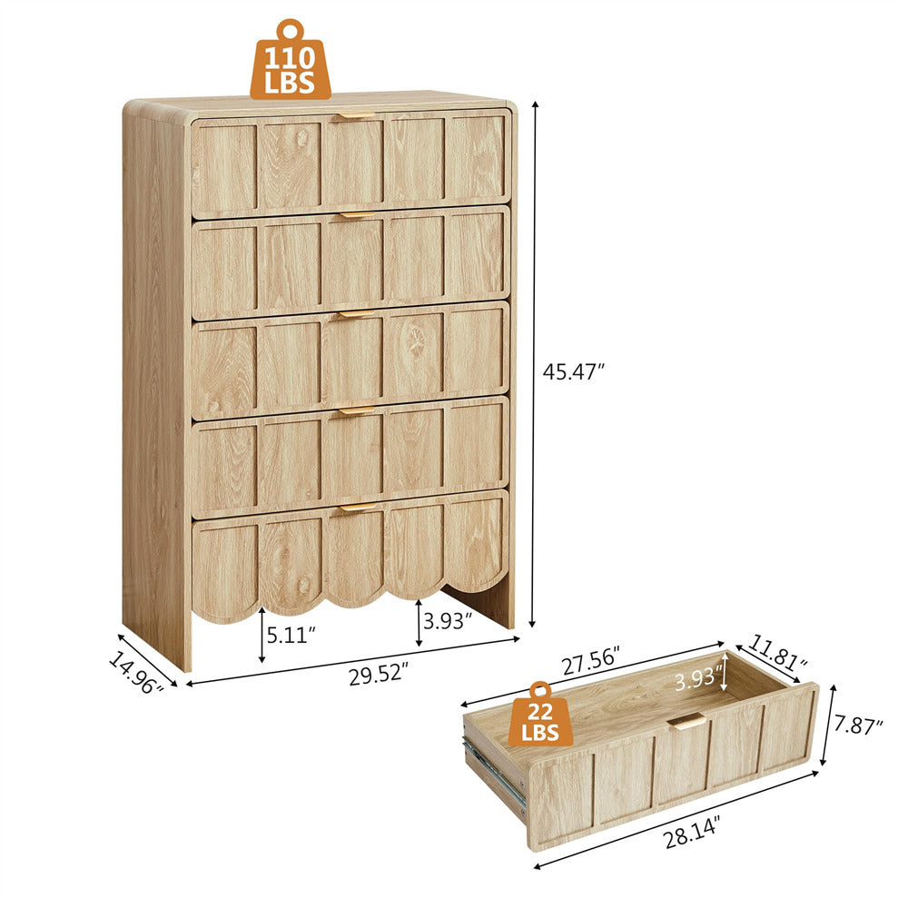 Natural Modern Wood 5 Drawer Dresser Storage Cabinet with Wave Fluted Drawer