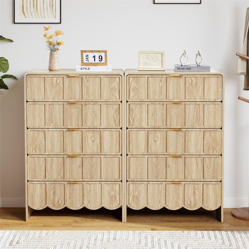 Natural Modern Wood 5 Drawer Dresser Storage Cabinet with Wave Fluted Drawer
