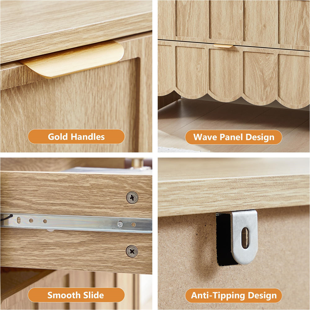 Collage of wooden furniture features including gold handles, wave panel design, smooth slide mechanism, and anti-tipping design.