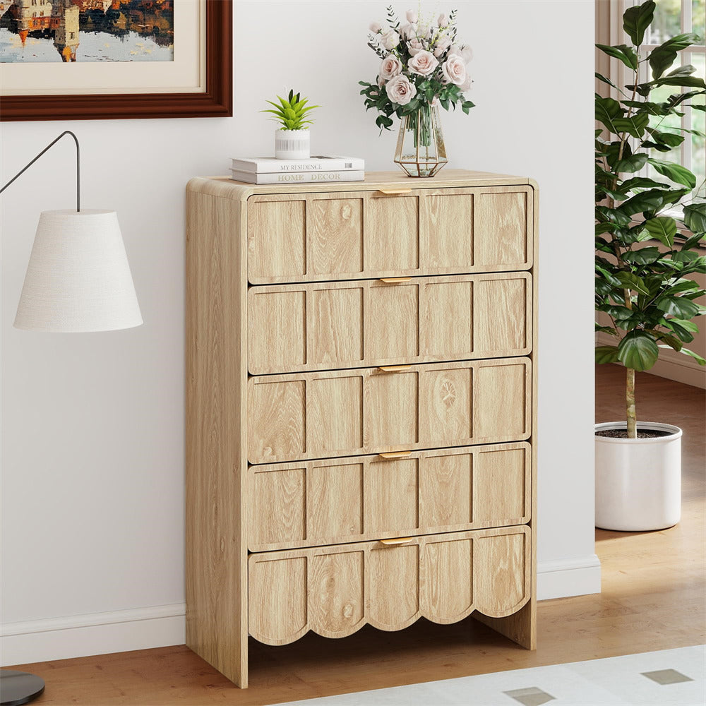 Natural Modern Wood 5 Drawer Dresser Storage Cabinet with Wave Fluted Drawer