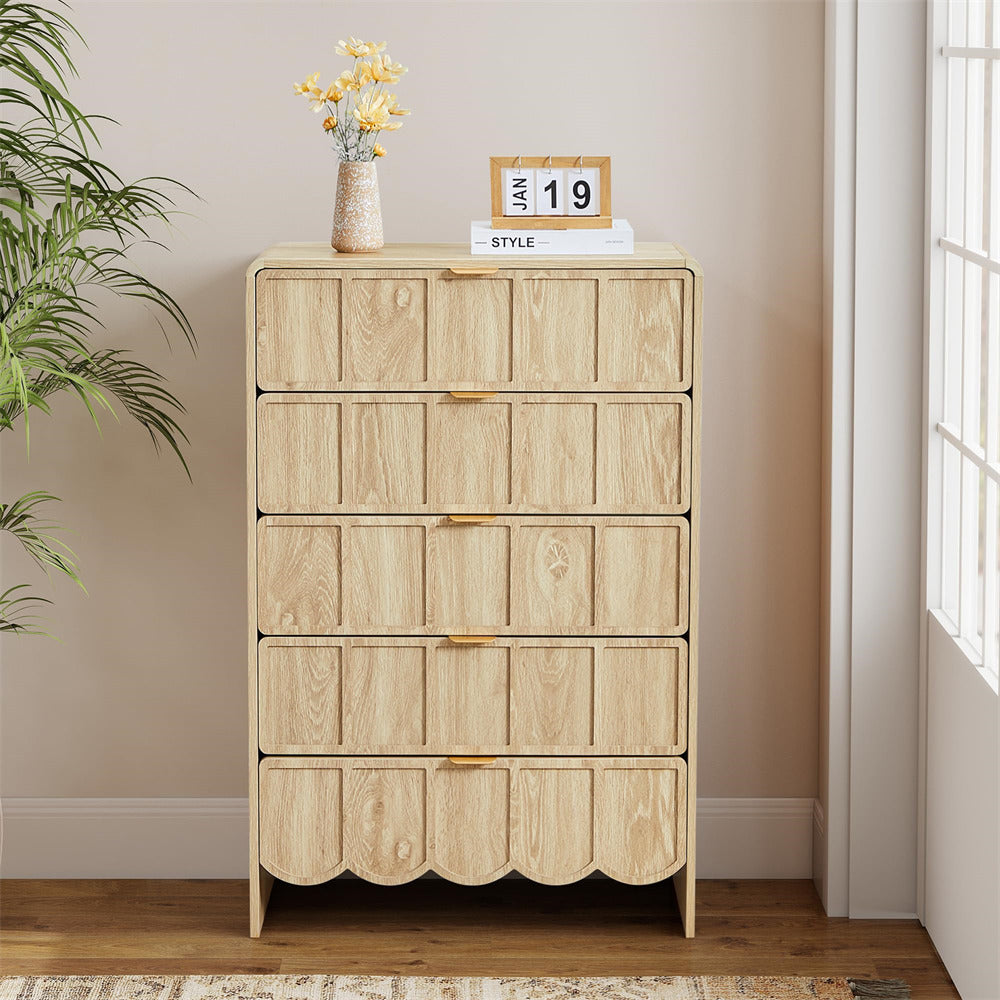 Natural Modern Wood 5 Drawer Dresser Storage Cabinet with Wave Fluted Drawer