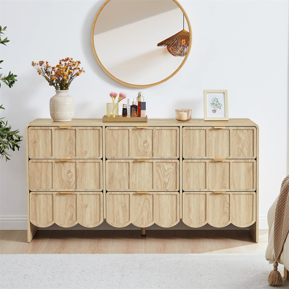 Wooden 9 drawer dresser with decorative items in a room setting