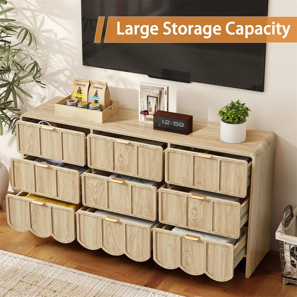 Wooden storage cabinet with multiple drawers in a room setting, emphasizing large storage capacity.