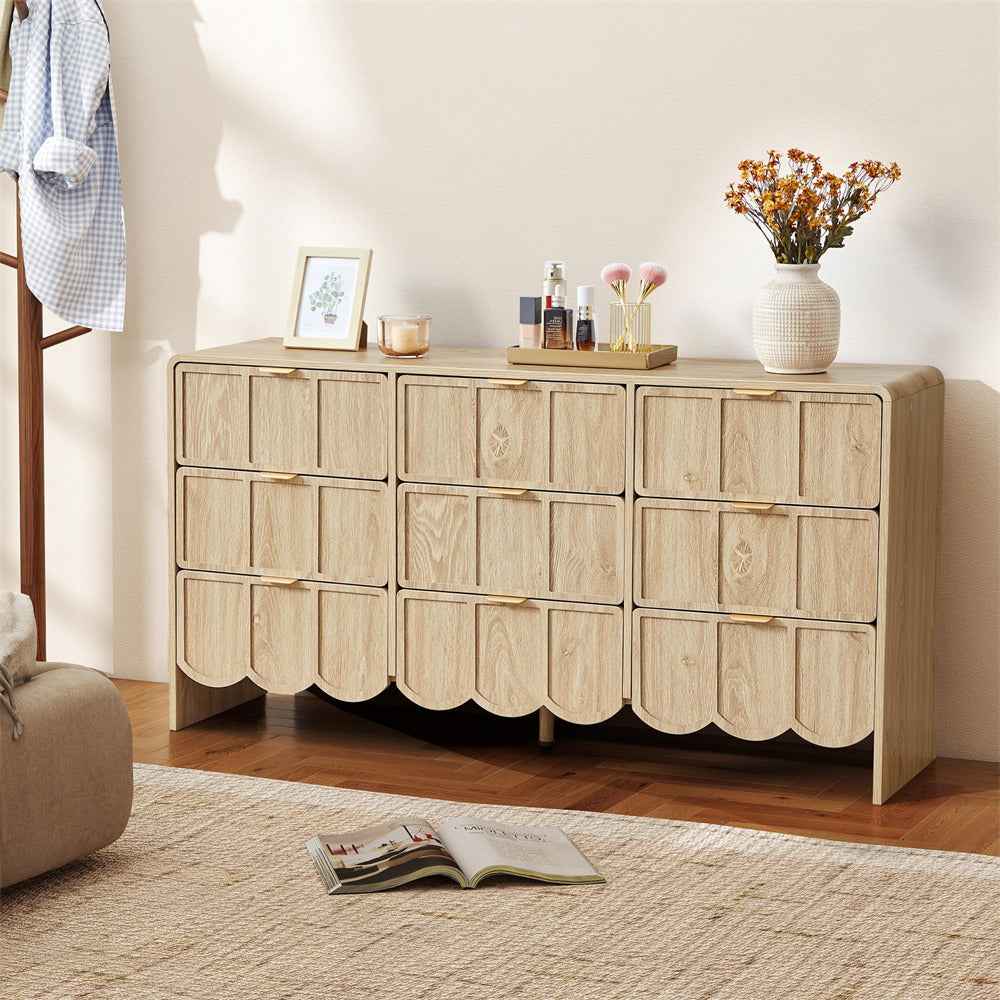 Wooden sideboard with decorative items in a living room setting