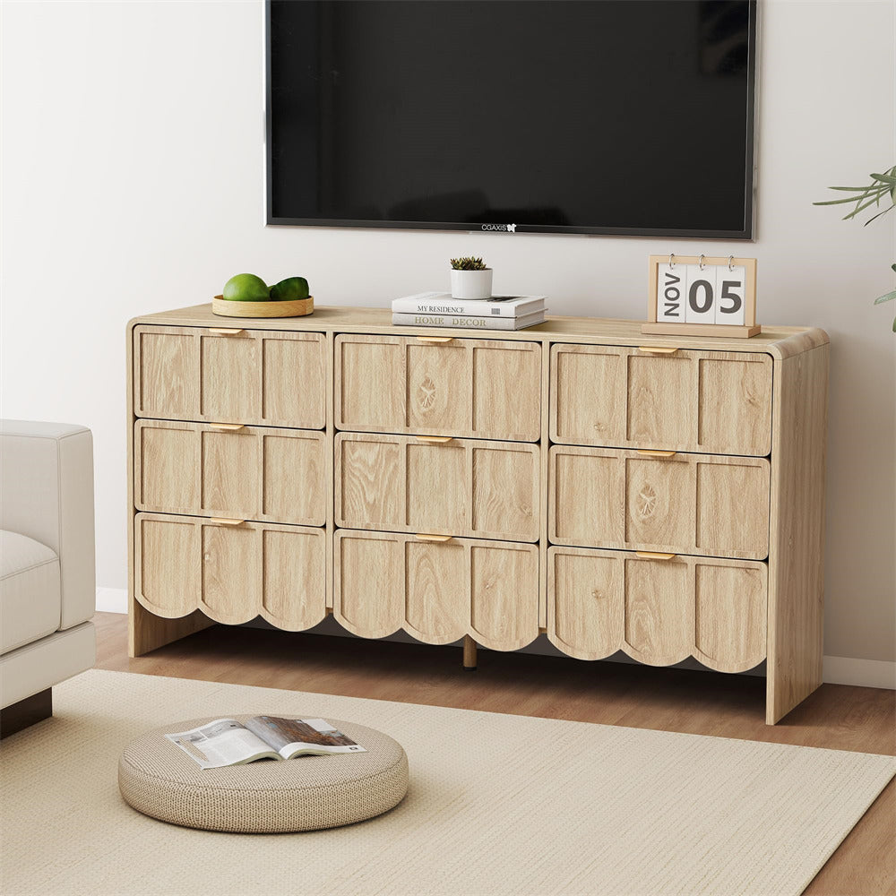 Wooden cabinet with decorative items in a living room setting