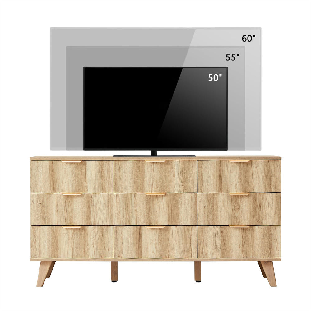 Wooden TV stand with a television displaying temperature readings on a white background