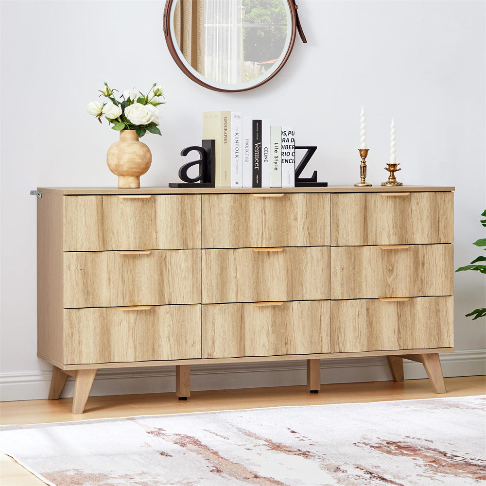 Wooden dresser with decorative items in a room setting