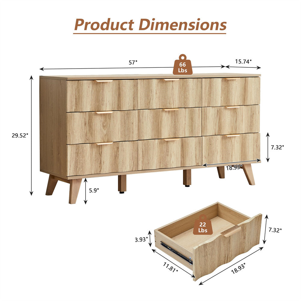 Wooden dresser with dimensions and weight label on a white background