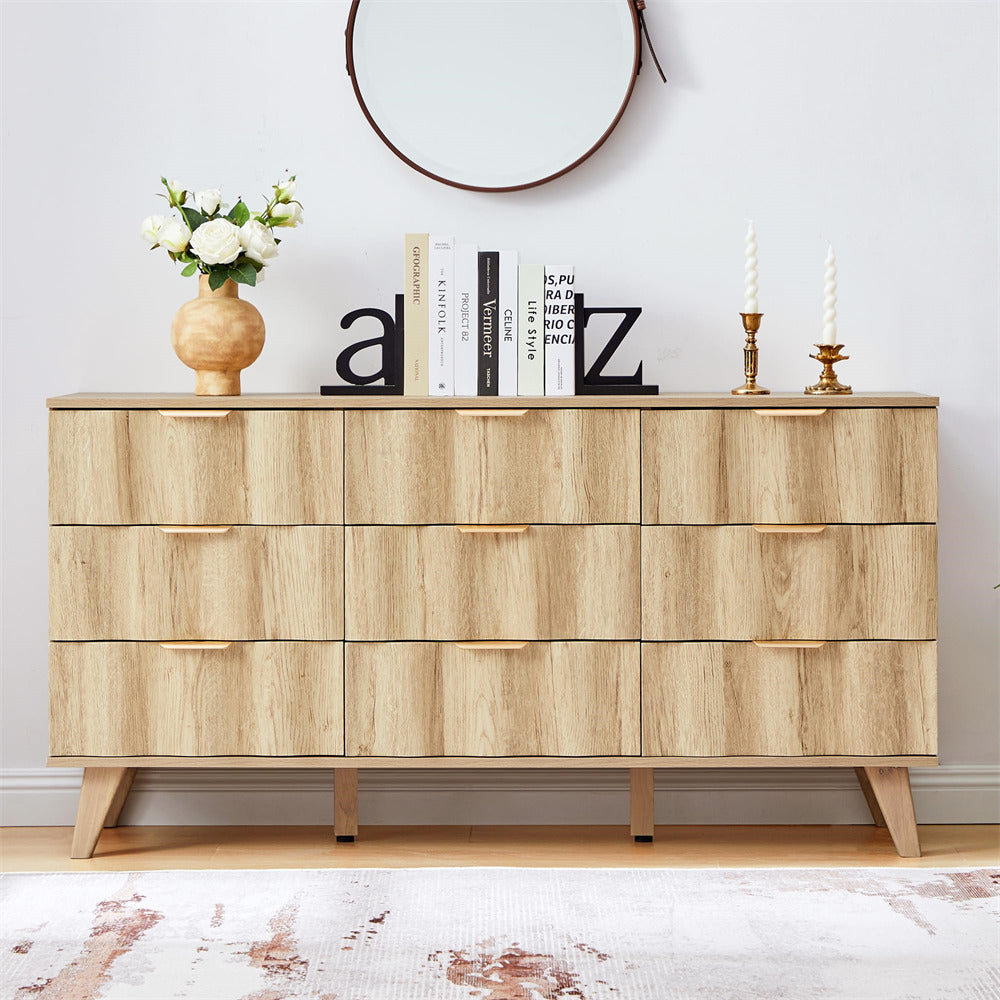 Wooden dresser with decorative items in a room setting