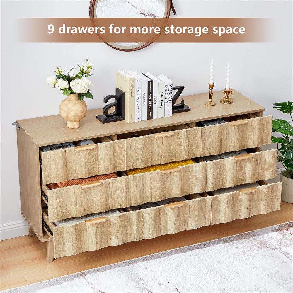 Wooden dresser with nine drawers in a room setting, featuring decor items.