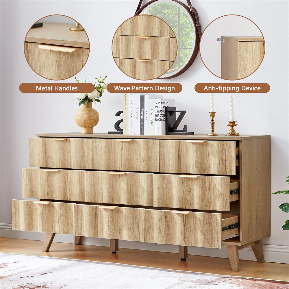 Wooden dresser with metal handles, wave pattern design, and anti-tipping device highlighted.