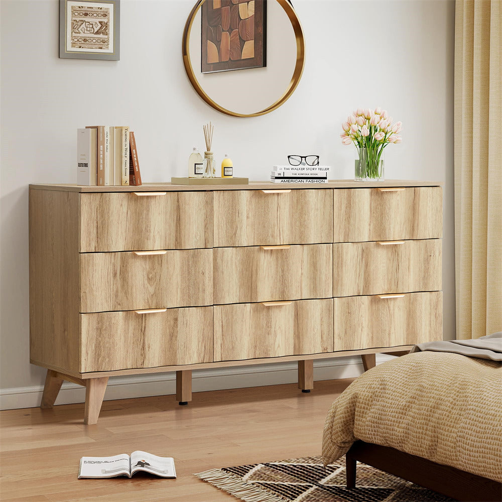 Wooden dresser with decorative items in a bedroom setting