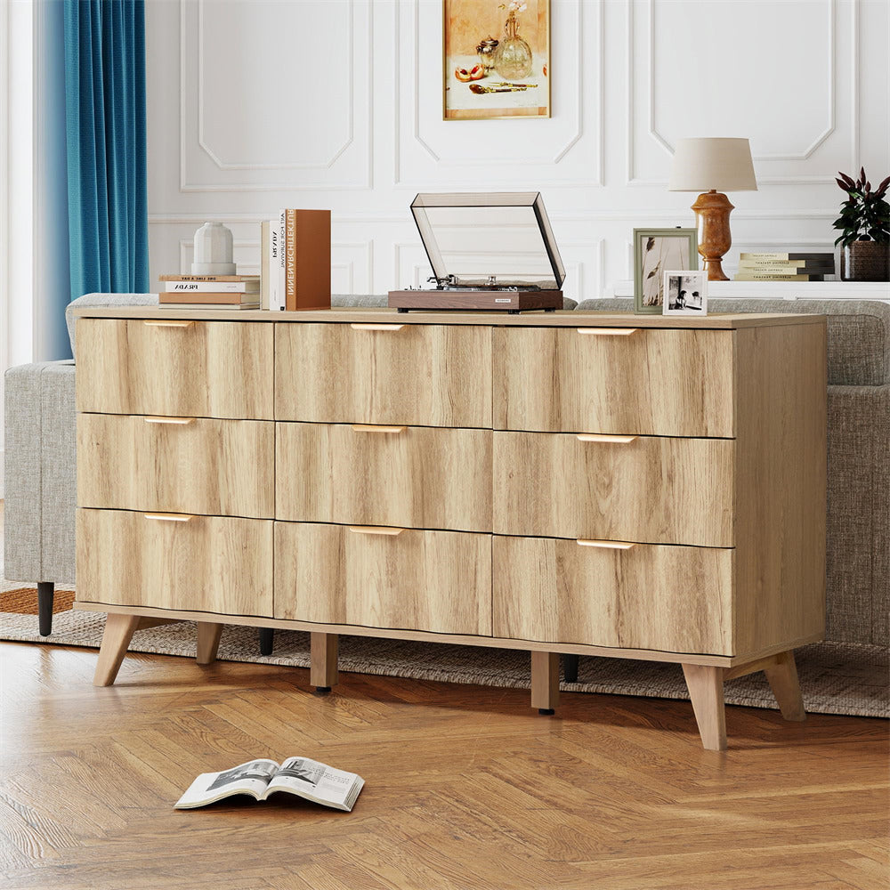 Wooden sideboard in a living room setting with decor items on top