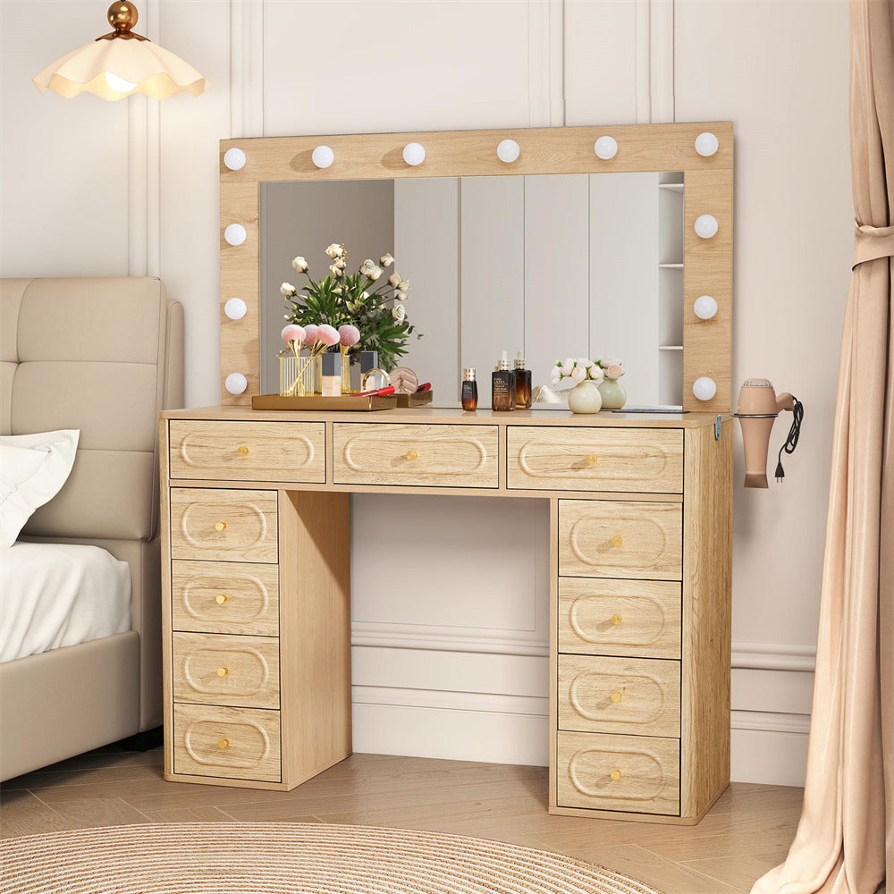 Wooden vanity with mirror and lights in a bedroom setting