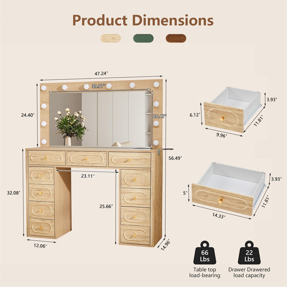 Wooden vanity with mirror and dimensions on a beige background