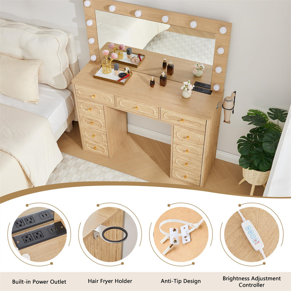 Wooden vanity desk with mirror and lights in a bedroom setting, featuring power outlet, hair fryer holder, anti-tip design, and brightness adjustment controller.
