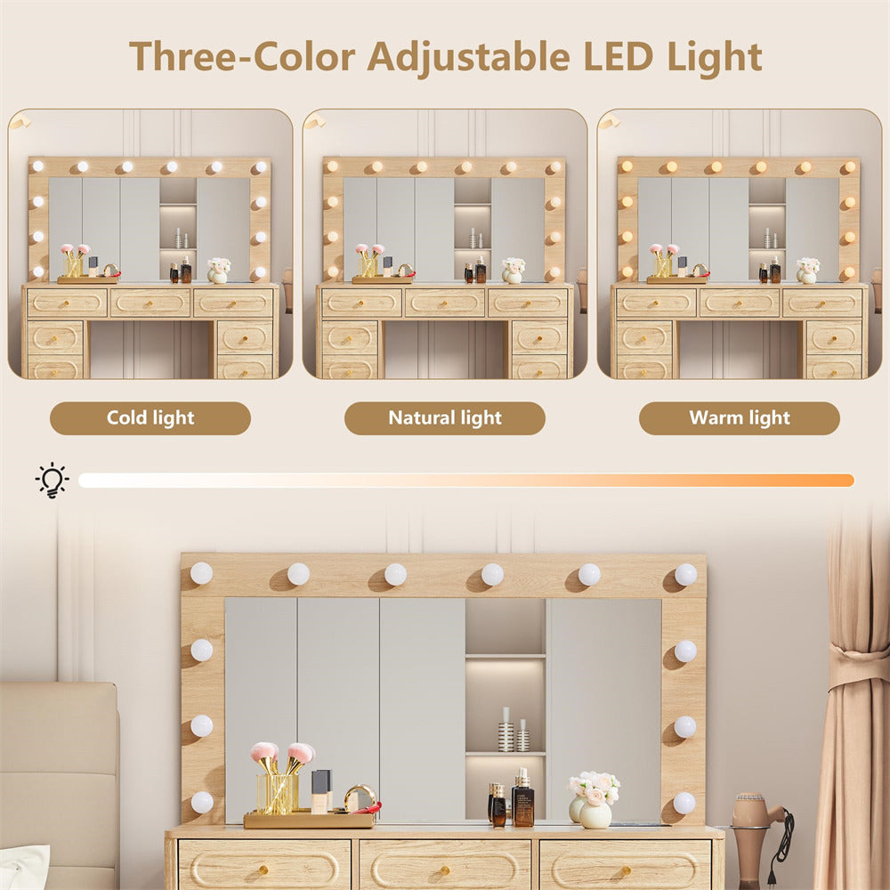 Bathroom vanity with three-color adjustable LED lights on a neutral background