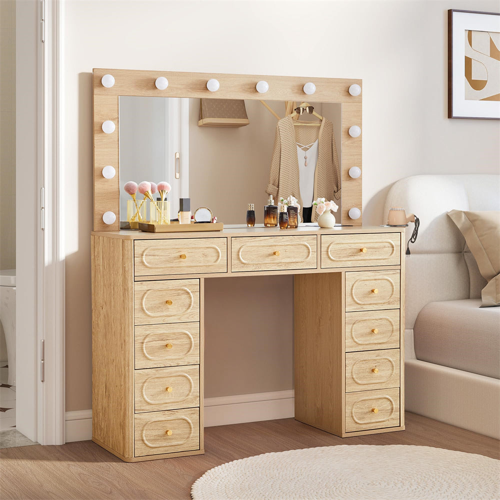 Wooden vanity with mirror and lights in a room setting