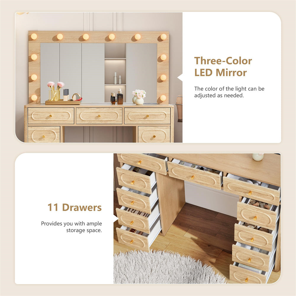 Wooden vanity with mirror and drawers, featuring three-color LED mirror and ample storage space.