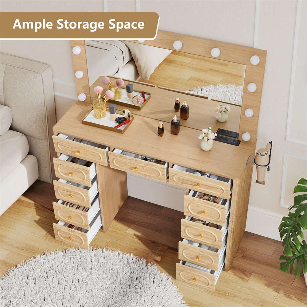 Wooden vanity desk with mirror and multiple drawers in a room setting.
