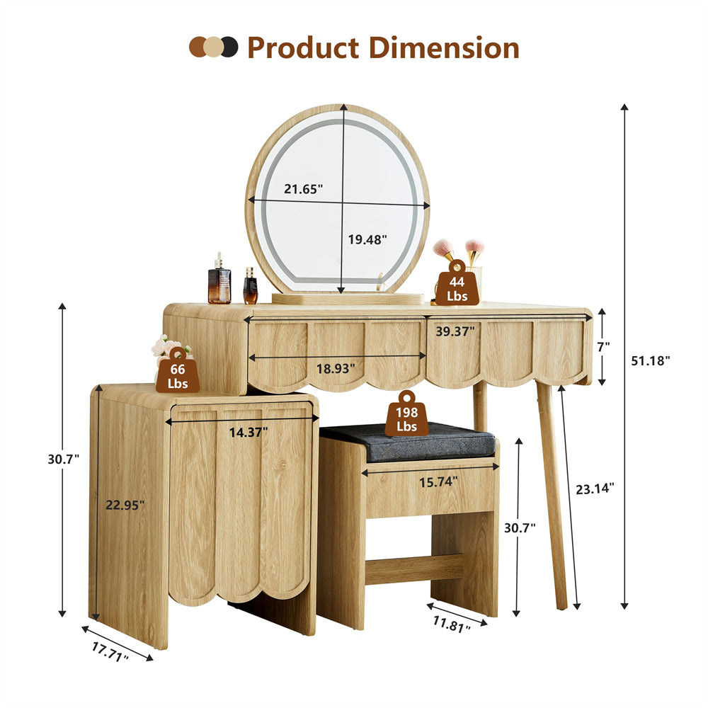 Wooden vanity table with mirror and dimensions labeled