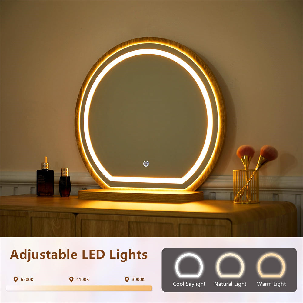 Round LED lighted mirror on a wooden vanity with cosmetic items, featuring adjustable light settings.