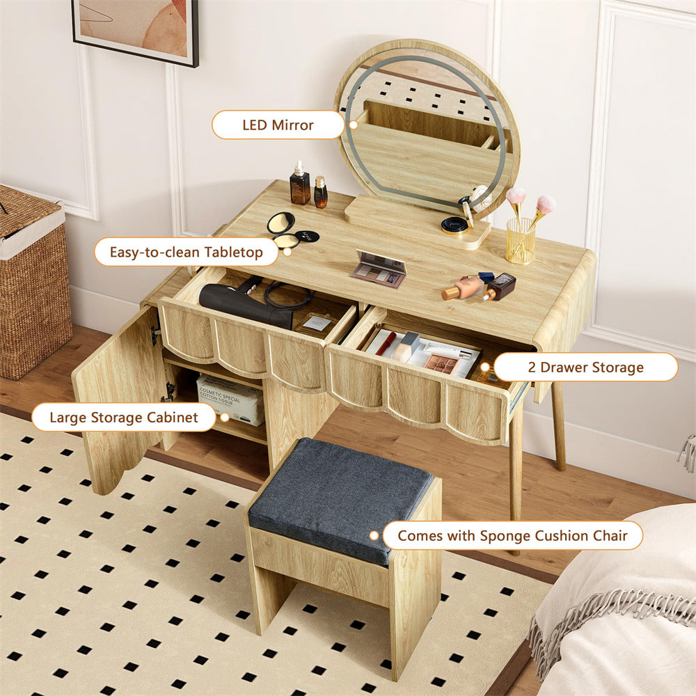 Wooden vanity table with mirror, drawers, and stool in a room setting.