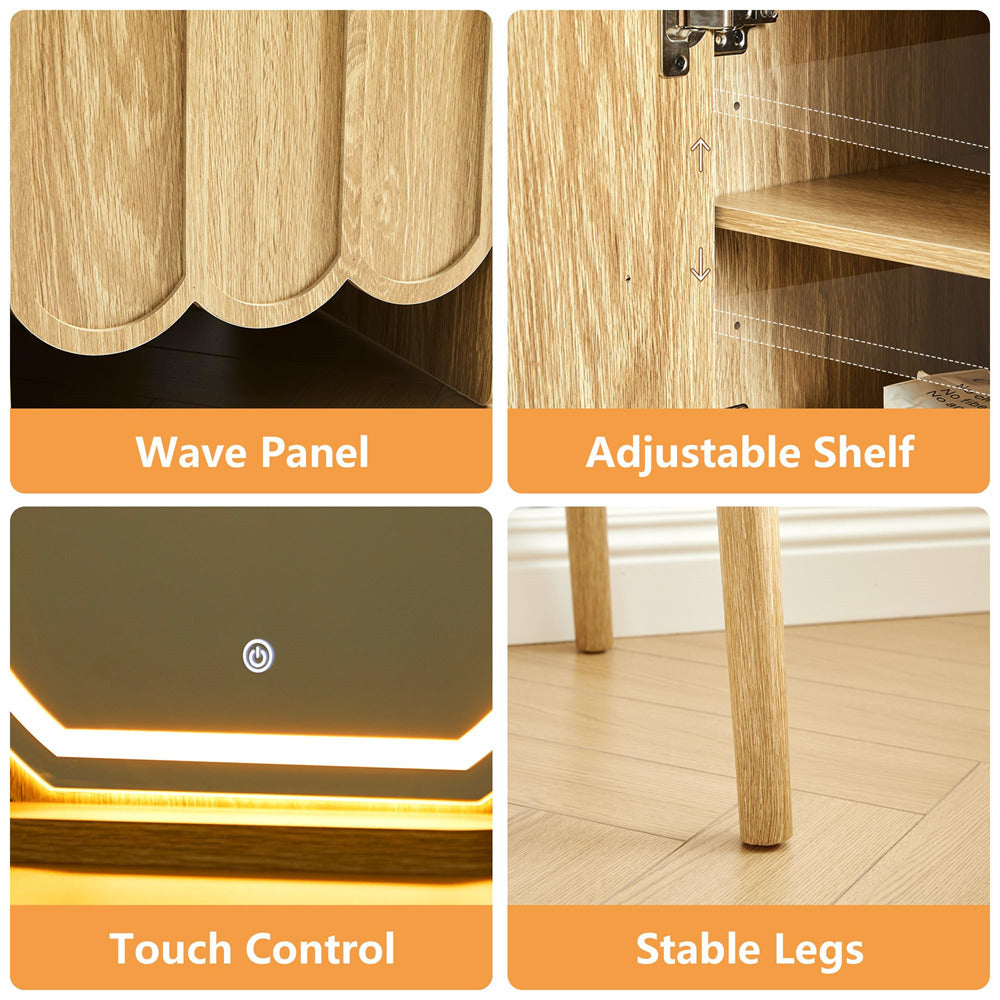 Collage of a wooden cabinet features with wave panel, adjustable shelf, touch control, and stable legs.