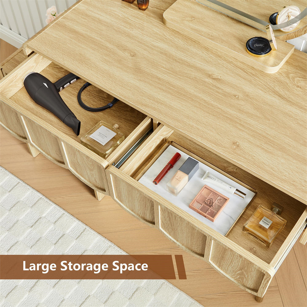 Wooden storage unit with open drawers containing various items, labeled 'Large Storage Space'.