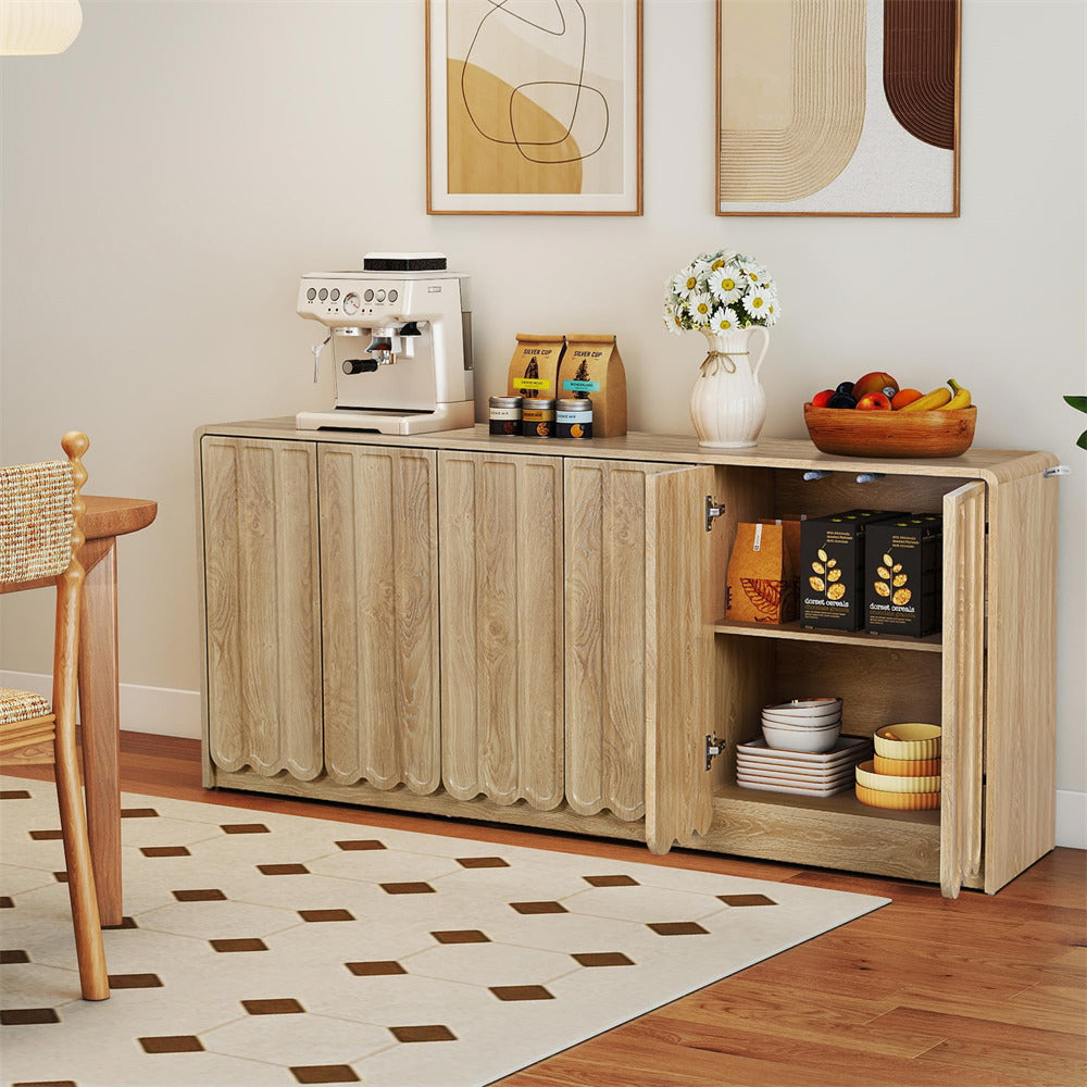 Wooden sideboard in a room with a coffee machine, coffee bags, and decorative items.