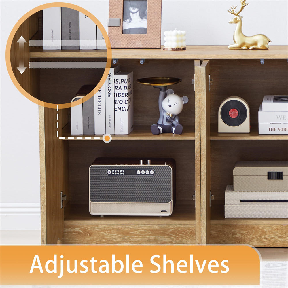 Wooden shelf with adjustable shelves, books, a radio, and decorative items.