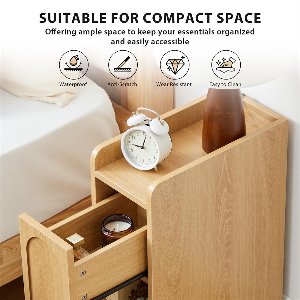 Wooden nightstand with clock and candle, suitable for compact spaces.